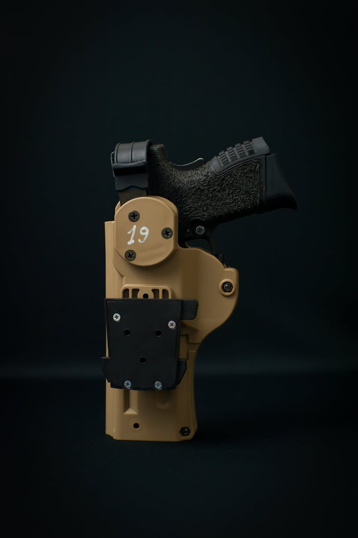 Close-up of a black handgun secured in a tan tactical holster against a black background.
